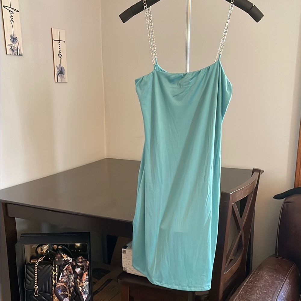 Aqua Blue Lined Mini Dress with Chain Straps
